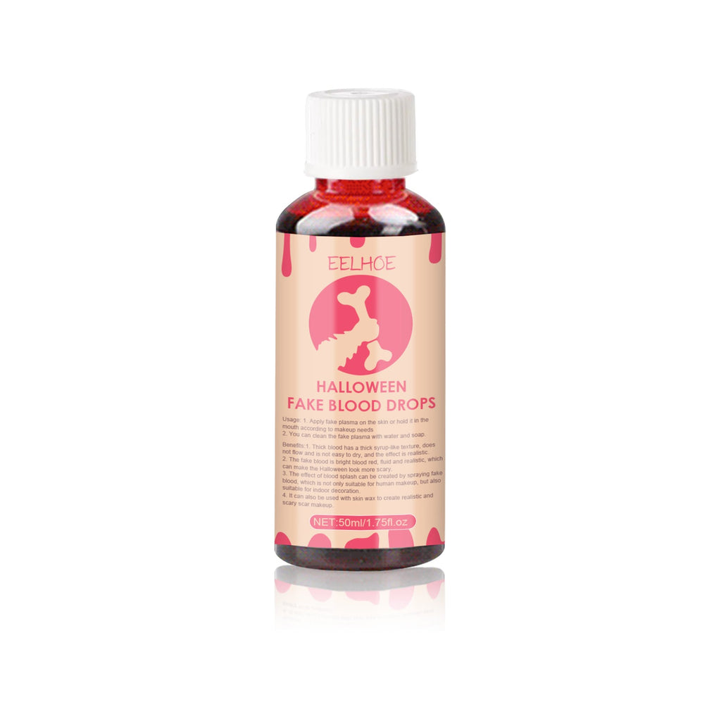 Halloween fake blood drops bottle with white cap and red liquid, front view