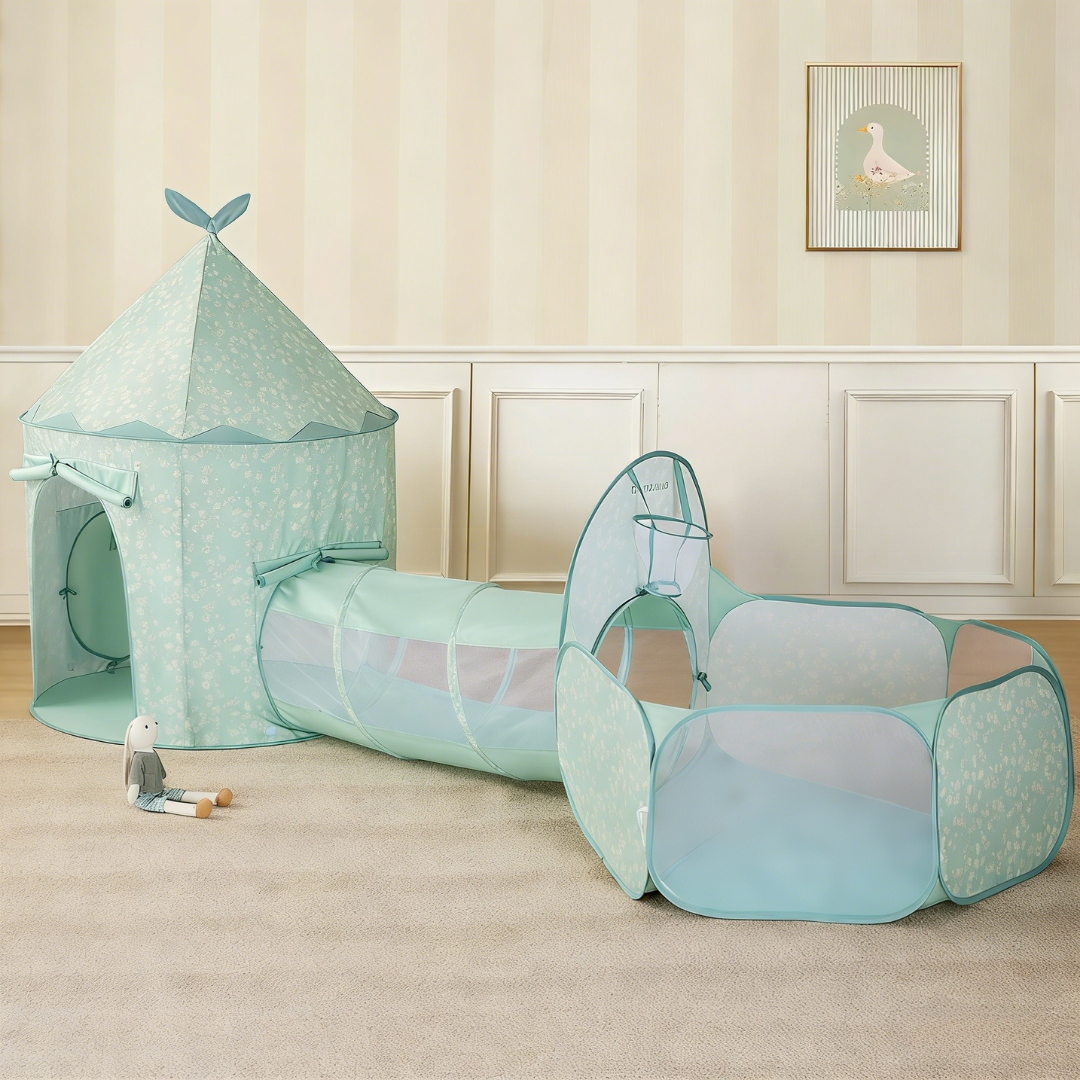Mint-green 3-in-1 play tunnel set with tent, short tunnel, and long tunnel