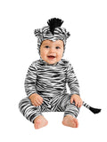 Baby zebra Halloween costume with zebra-print hood and footed long-sleeve jumpsuit