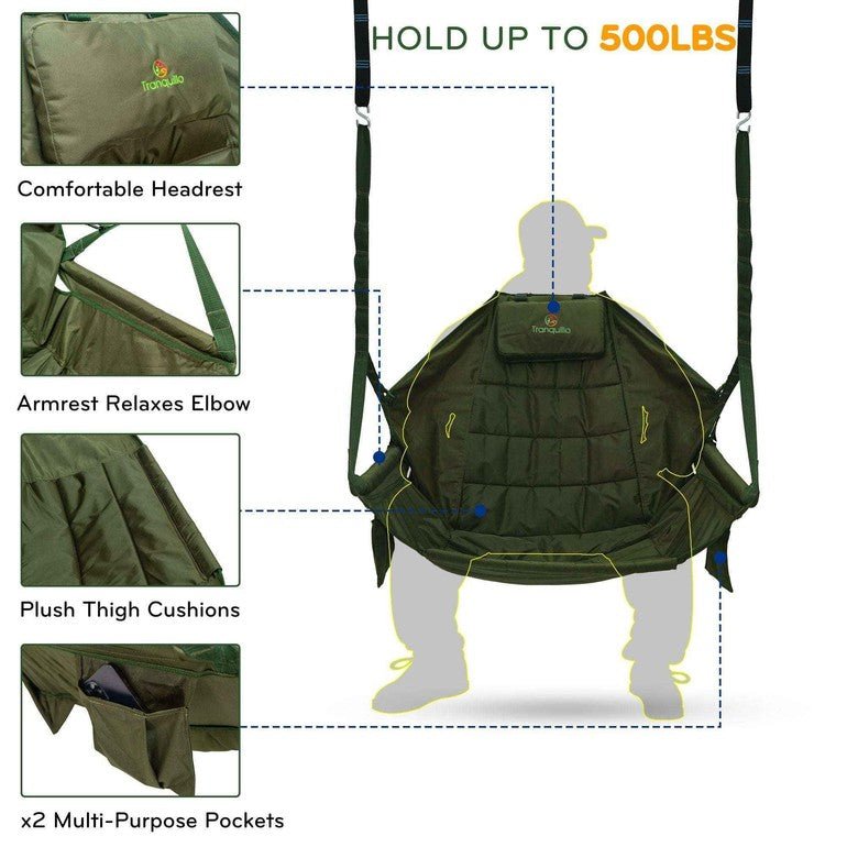 Green hammock chair net with padded headrest, armrest, thigh cushions, and pockets