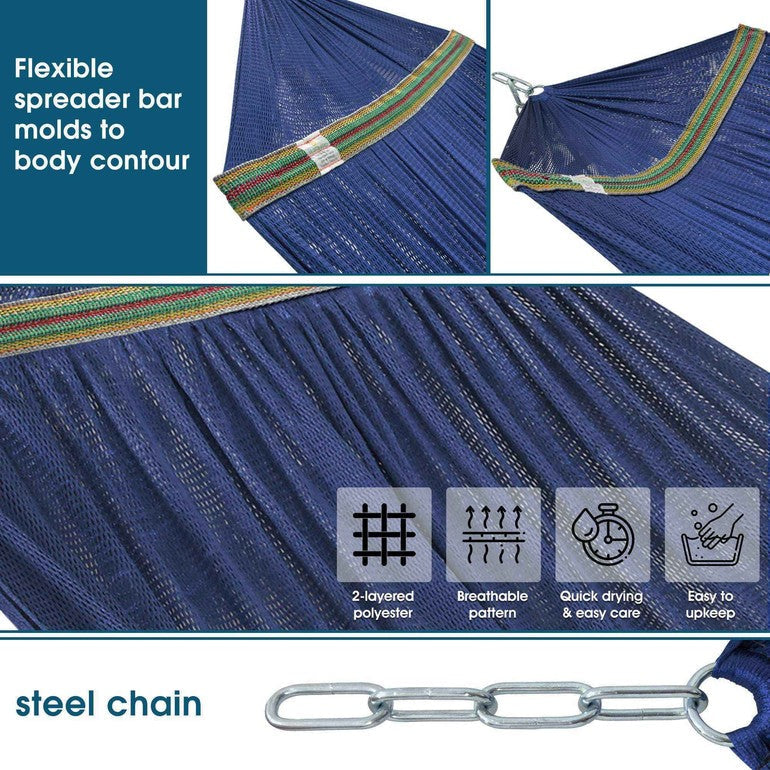 Blue hammock fabric with striped edge trim and spreader bar close-up.