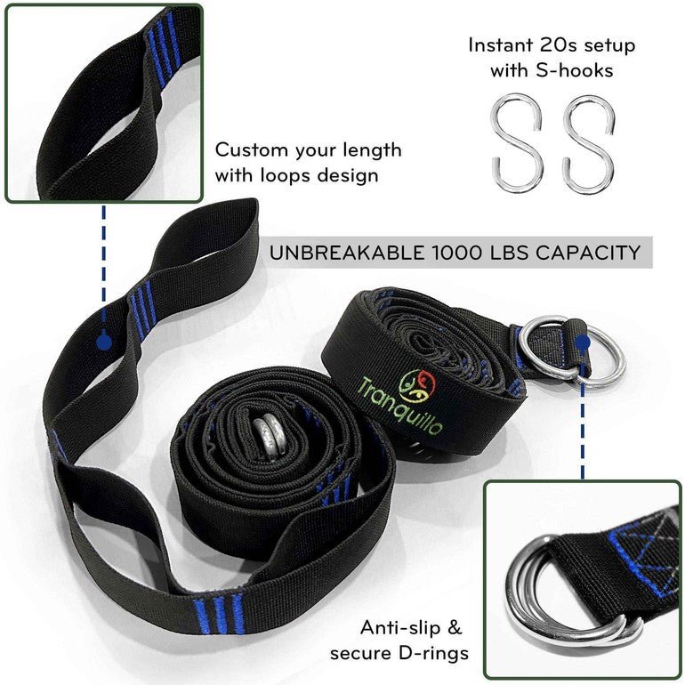 Green hammock chair straps with anti-slip D-rings and looped connection hardware