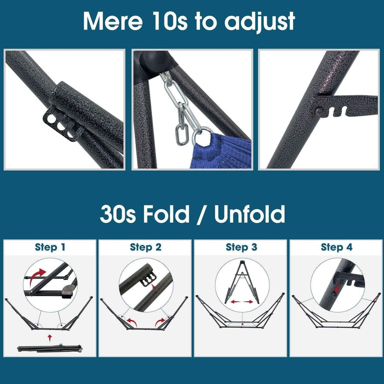 Blue hammock with adjustable straps and carabiner-style connection hardware on stand.