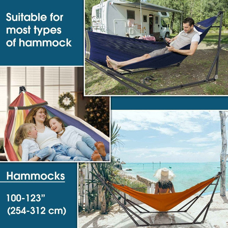 Purple collapsible hammock with black steel stand and spreader bars.