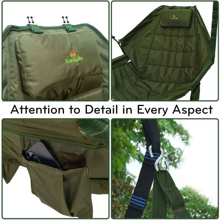 Green hammock chair with padded net and organizer pocket attachment