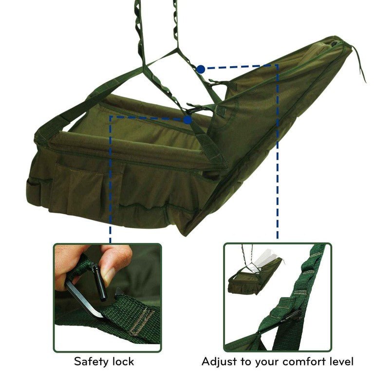 Green hammock chair with attached storage pouch and adjustable hanging straps