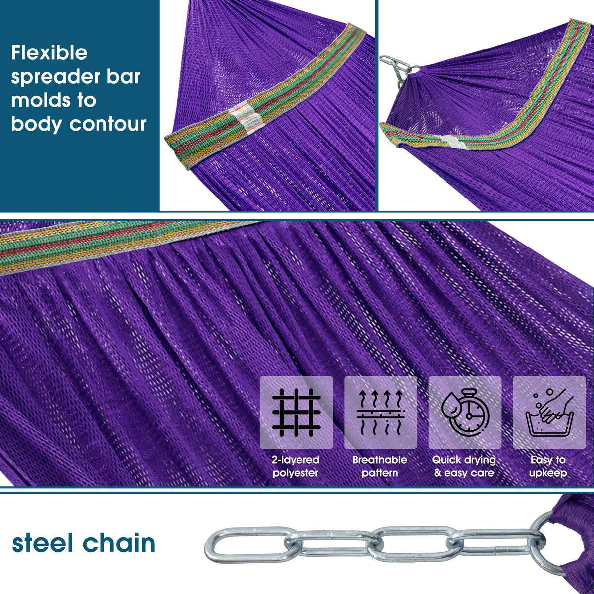 Purple hammock fabric with green binding detail and metal chain