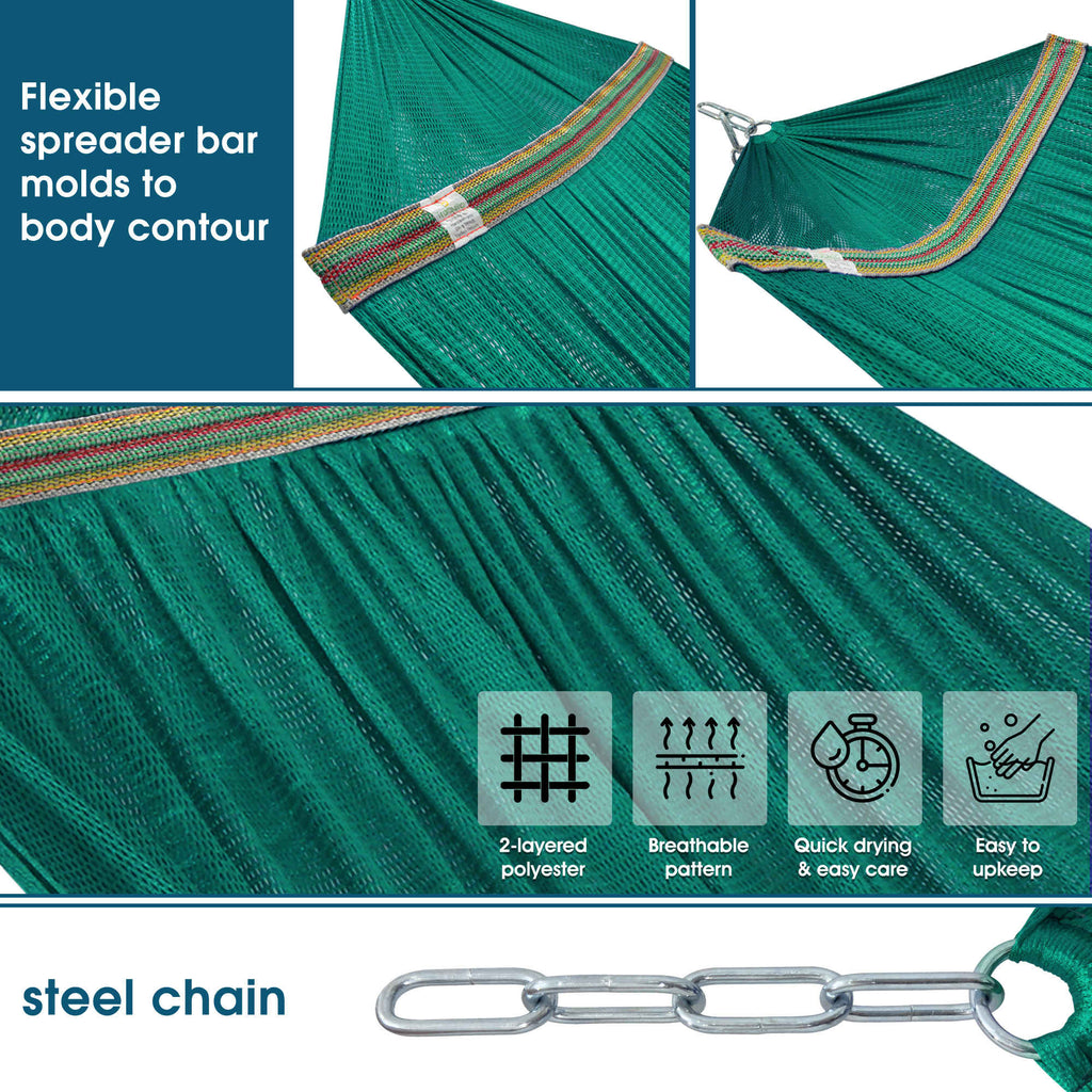 Close-up of teal hammock fabric showing patterned weave and vented texture