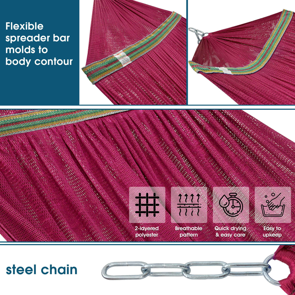 Red hammock fabric close-up with spreader bar and steel chain detail