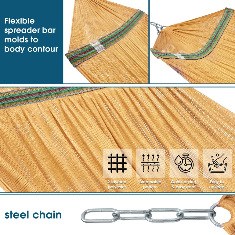 Orange hammock fabric with green trim, flexible spreader bar and chain detail