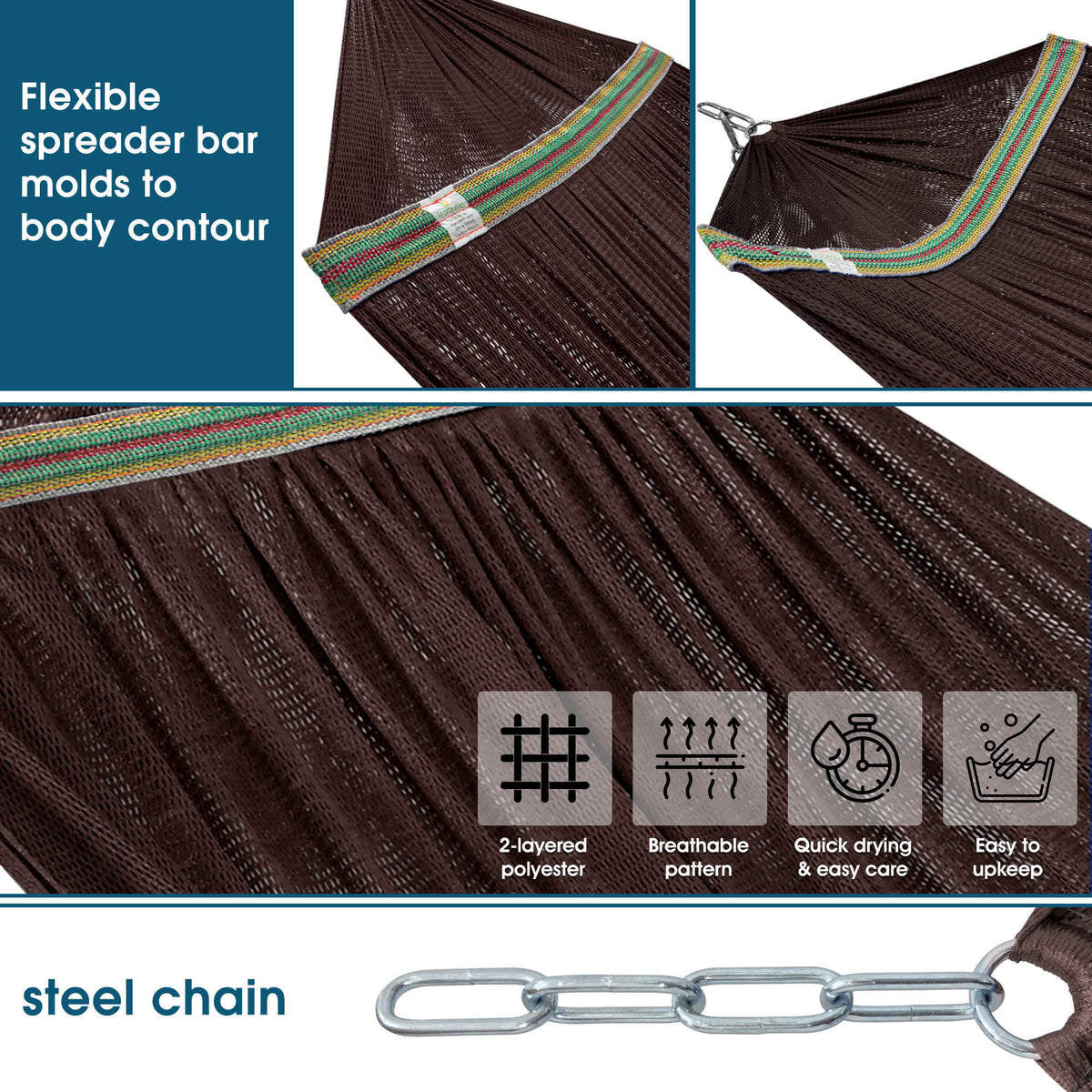 Brown hammock fabric close-up with green trim and steel chain hardware.