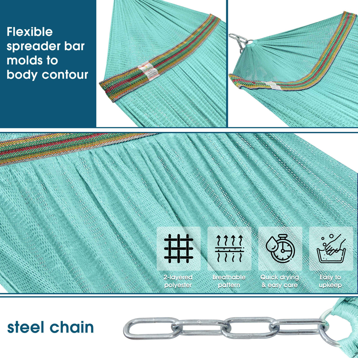 Teal hammock with colorful woven edge trim over metal spreader bar