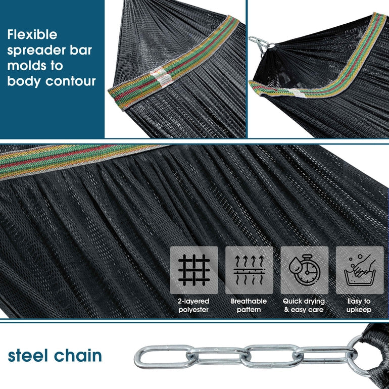 Black hammock fabric with multicolor edge trim and textured woven surface on stand