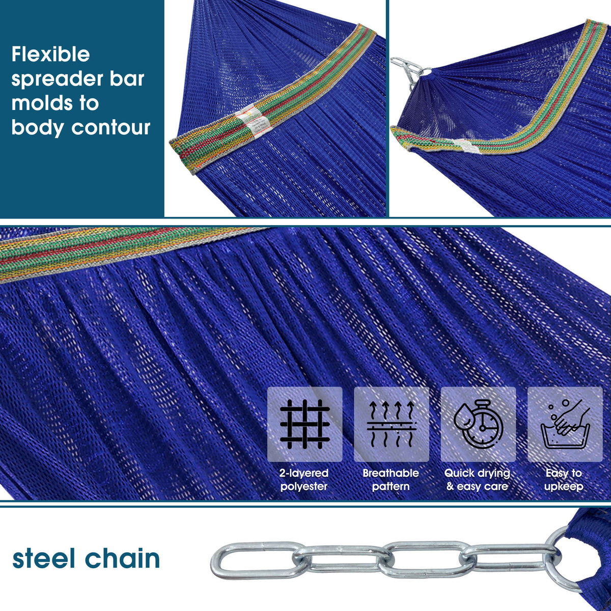 Blue hammock fabric with spreader-bar detail and stitched panel texture