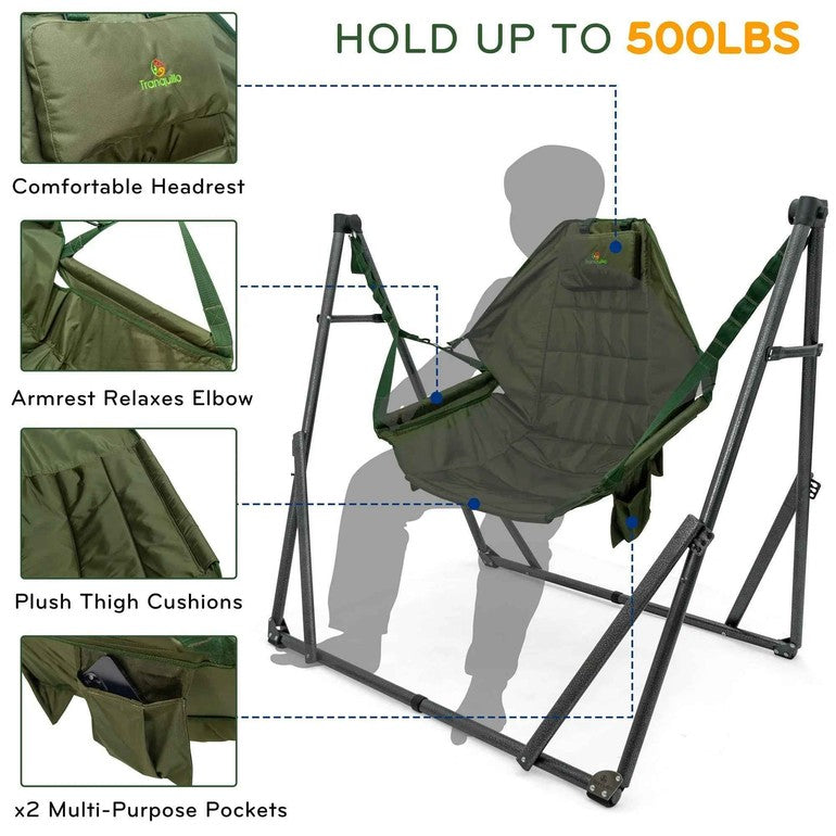 Green hammock chair with headrest, armrests, thigh cushions, and pocketed storage