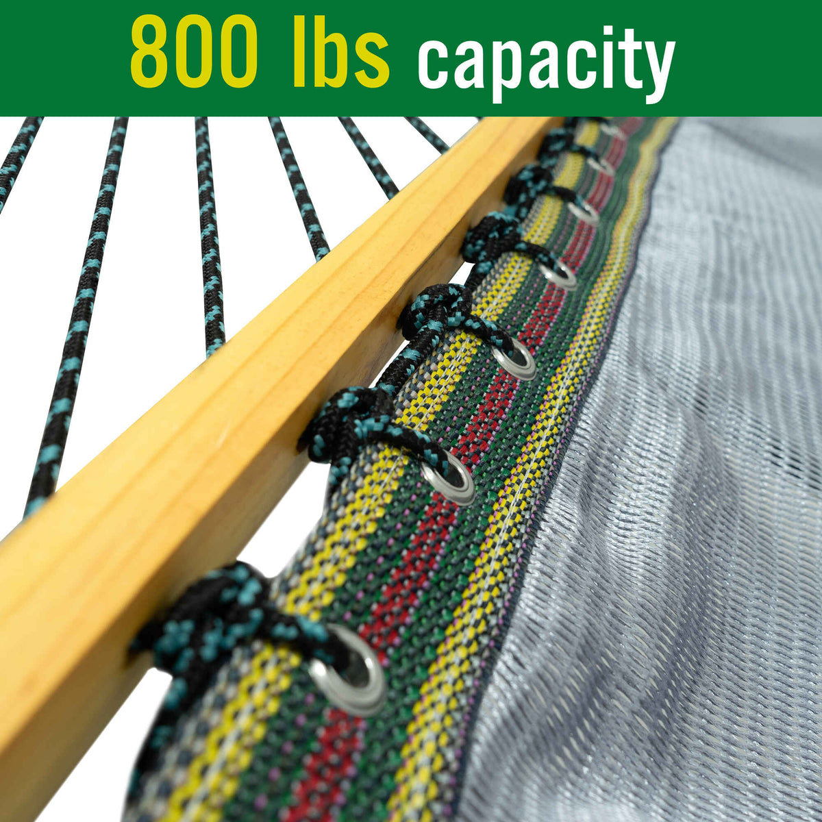 Hammock edge with colorful braided straps and metal rings on suspension lines