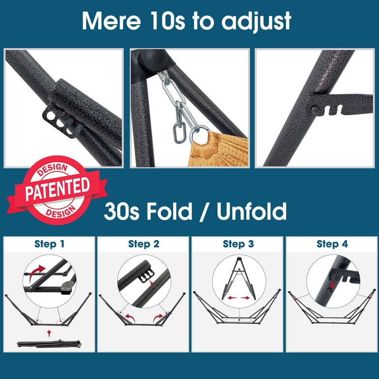 Adjustable collapsible hammock stand with strap hooks and 30-fold design