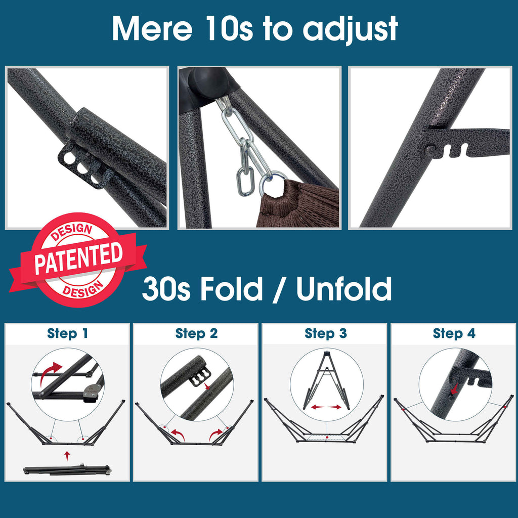 Collapsible hammock stand showing adjustable straps and steel chain detail.
