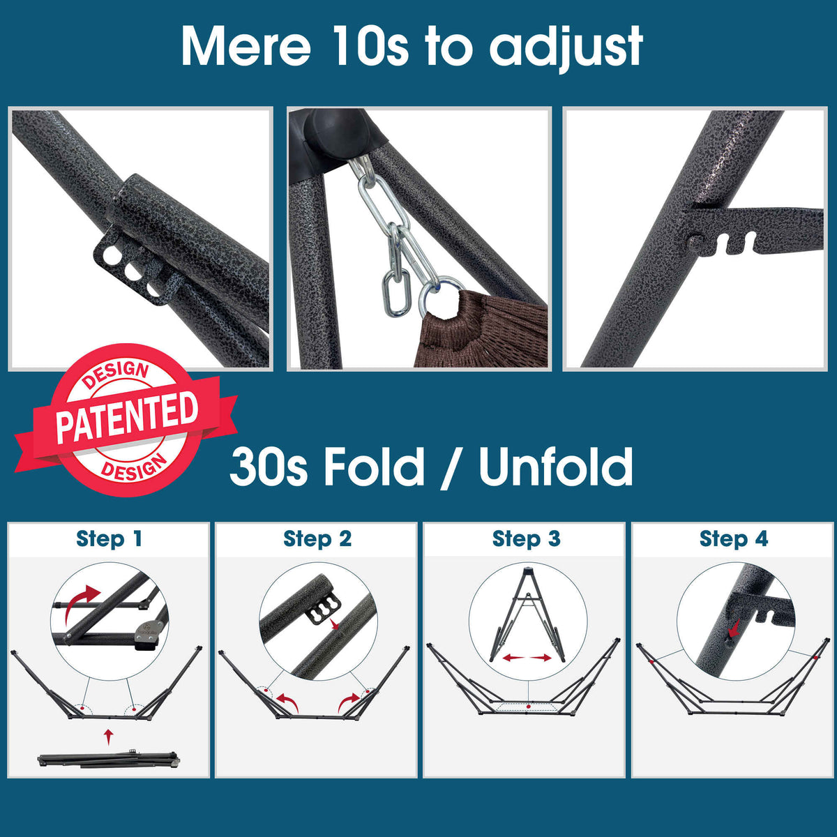 Collapsible hammock stand showing adjustable straps and steel chain detail.