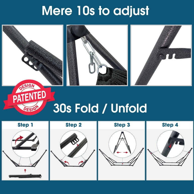 Black hammock stand fold/unfold mechanism with quick-adjust strap and metal hook details