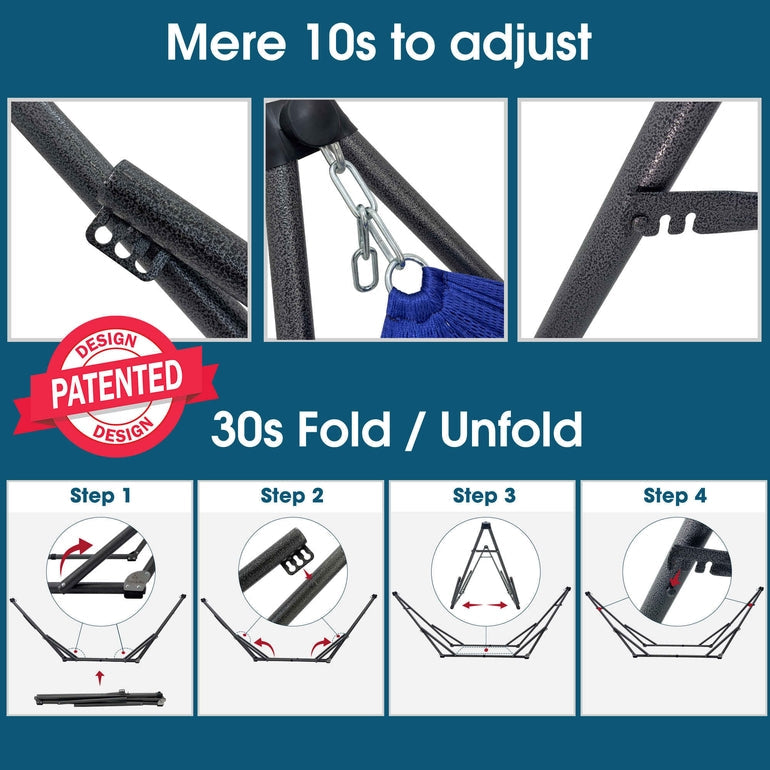 Blue hammock stand with adjustable bar and folded 30s setup mechanism