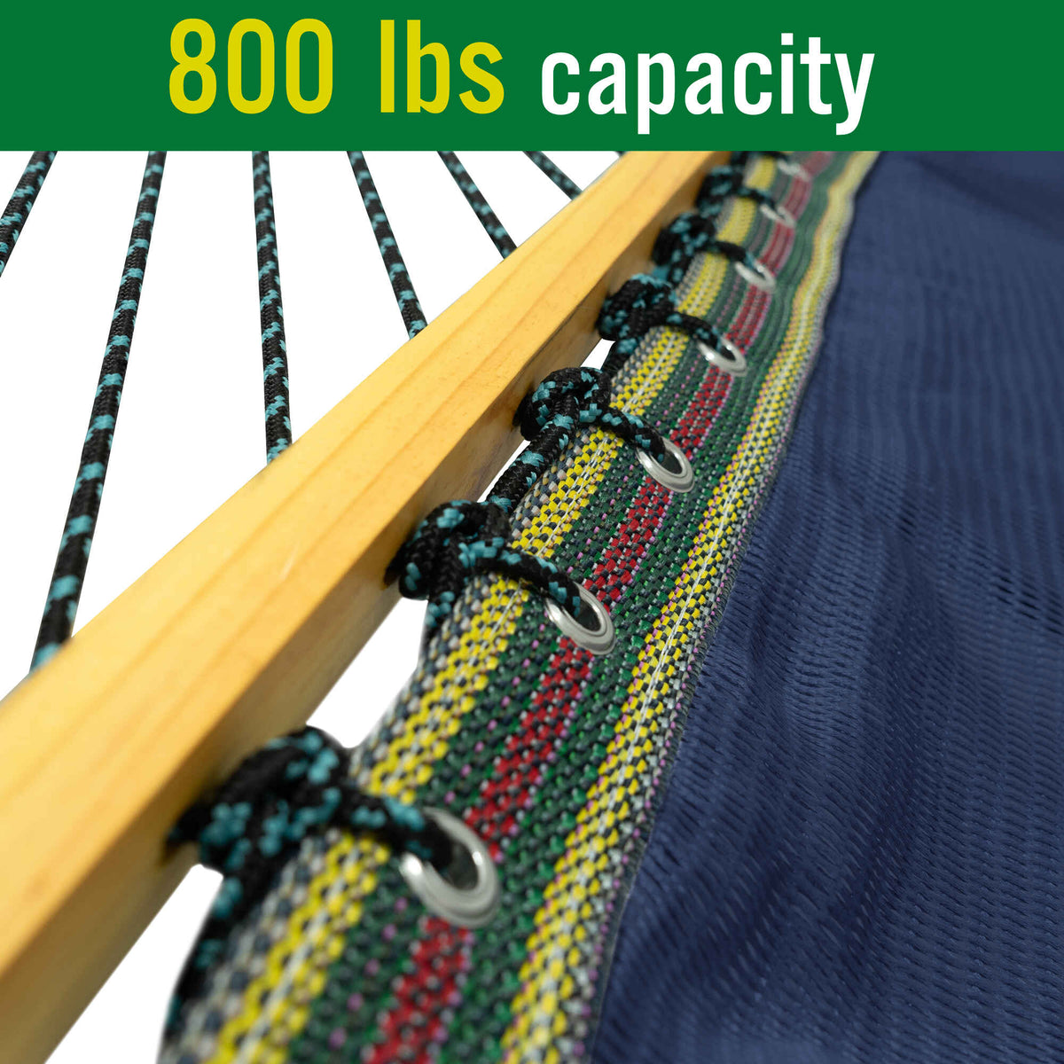 Hammock with colorful striped edge stitching and rope ties, close-up of navy bed