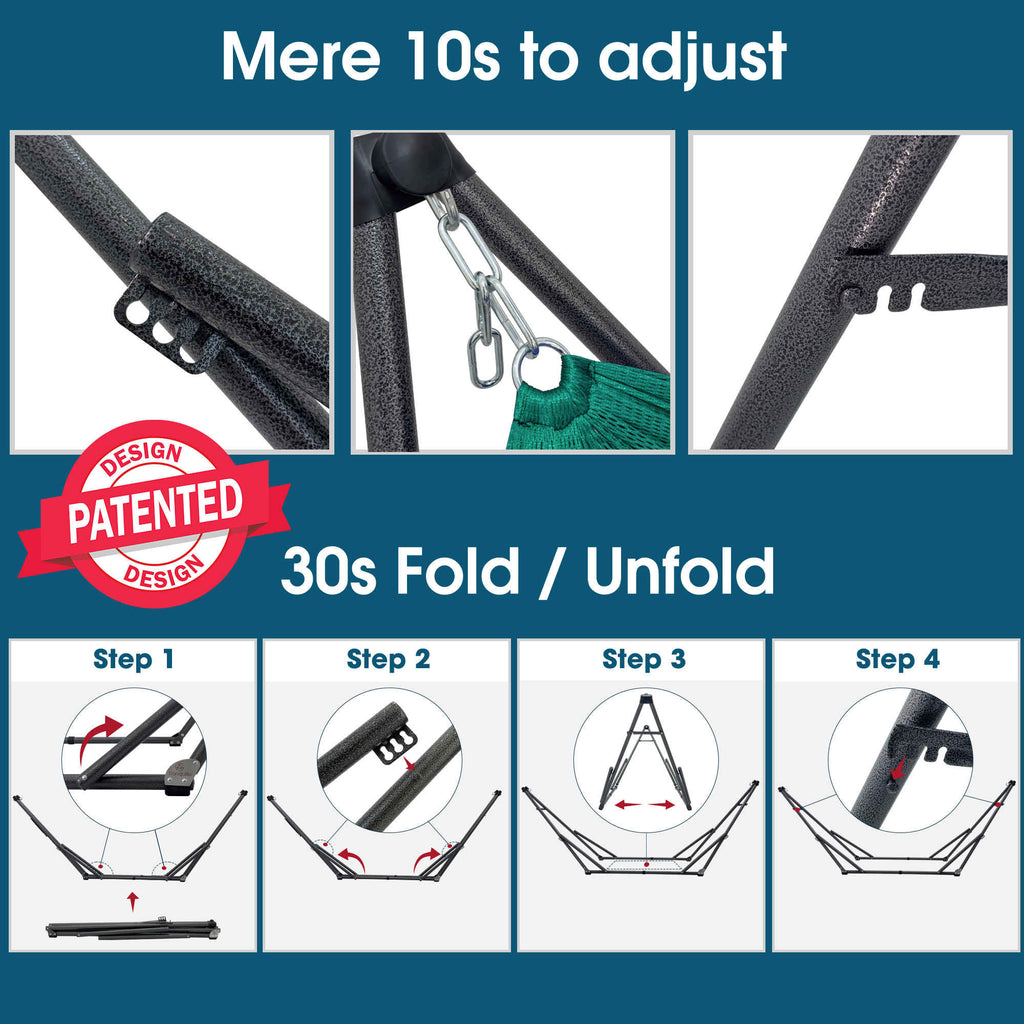 Black frame adjustment clips with linked chain support on collapsible hammock