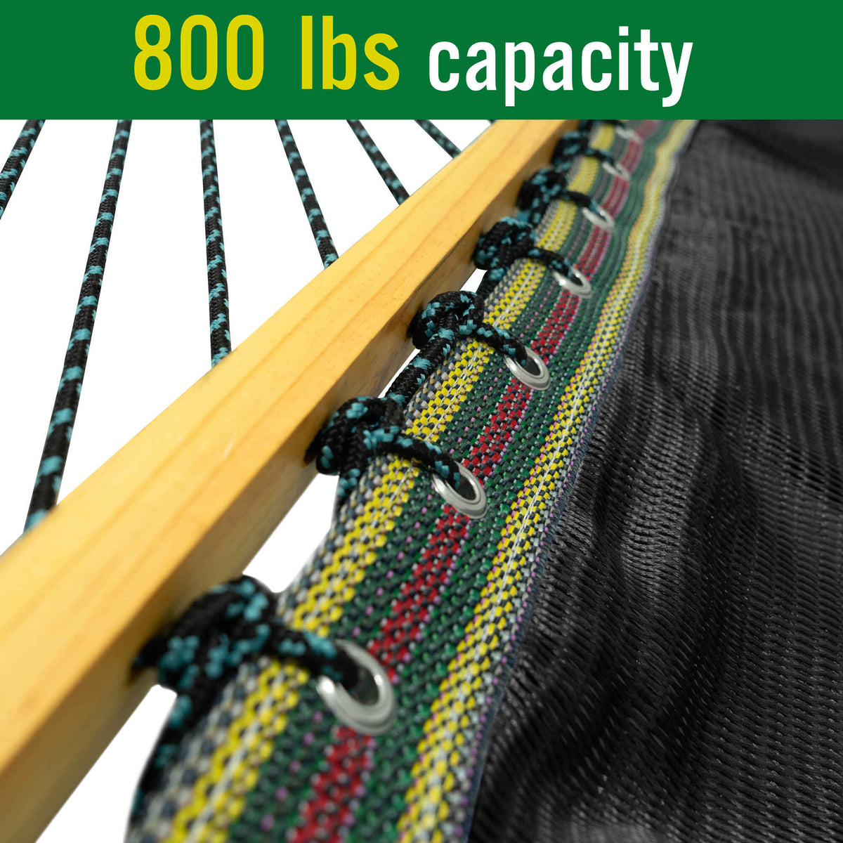 Close-up of hammock frame with multicolor woven rope and stitched dark fabric