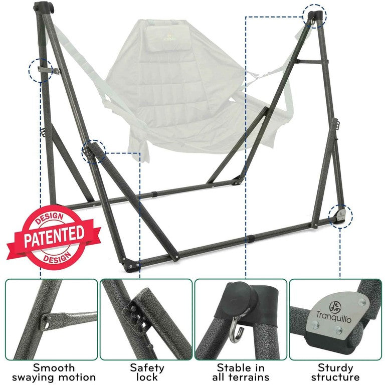 Light gray hammock chair with padded fabric seat on adjustable metal stand