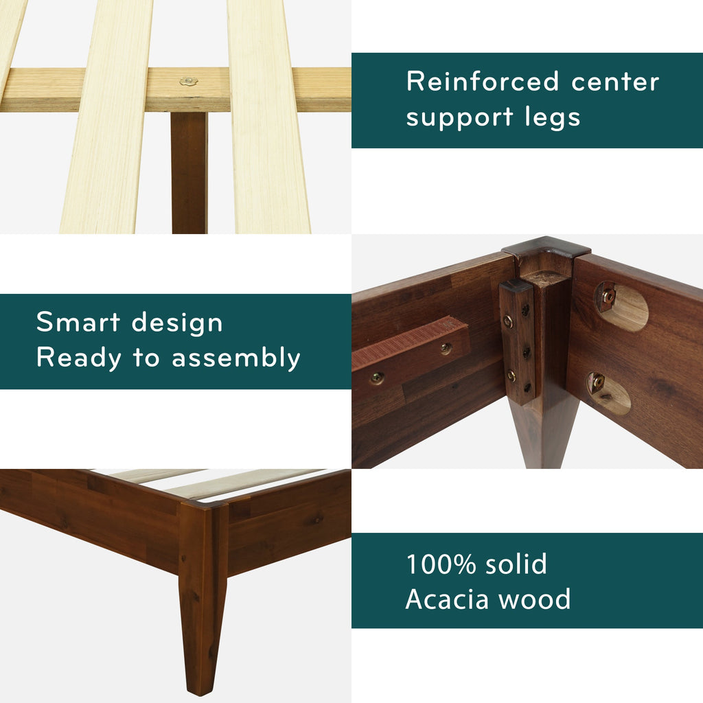 Solid wood bed frame with reinforced center support legs and slats