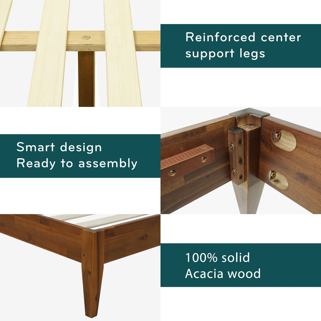 Light wood bed frame joint detail with reinforced center support legs