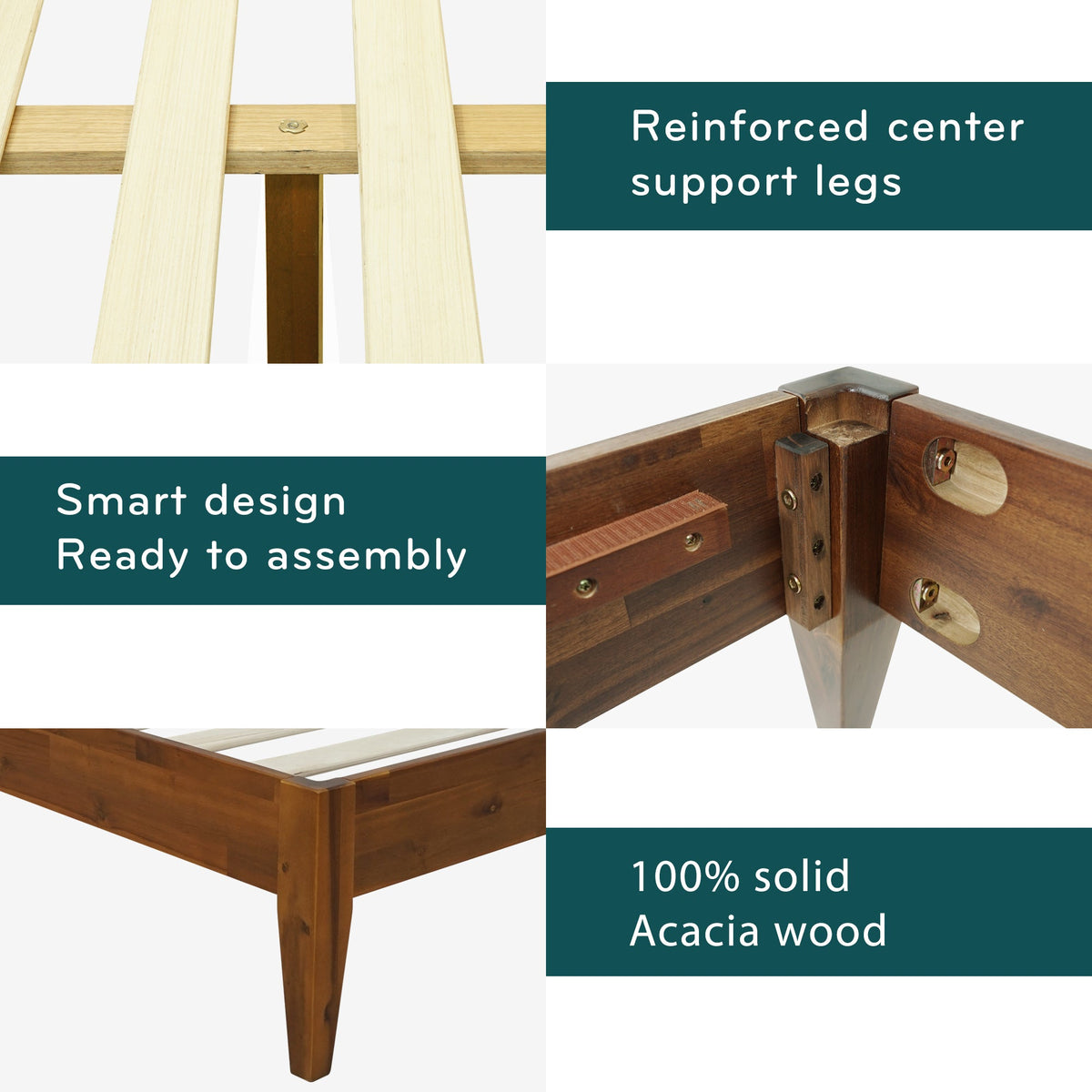 Light wood bed frame joint detail with reinforced center support legs