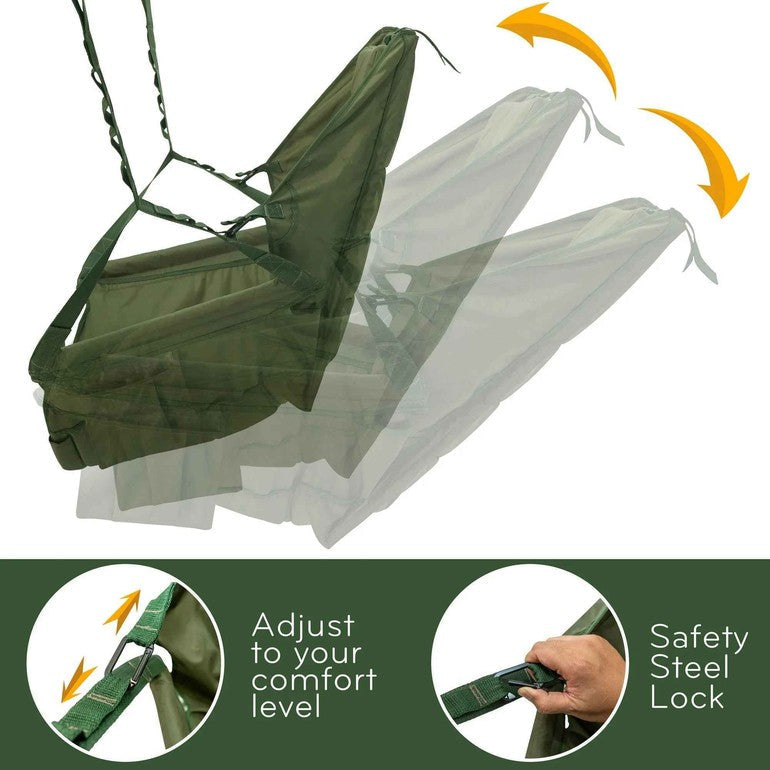 Green and light gray hammock chairs with padded fabric seats on metal frames