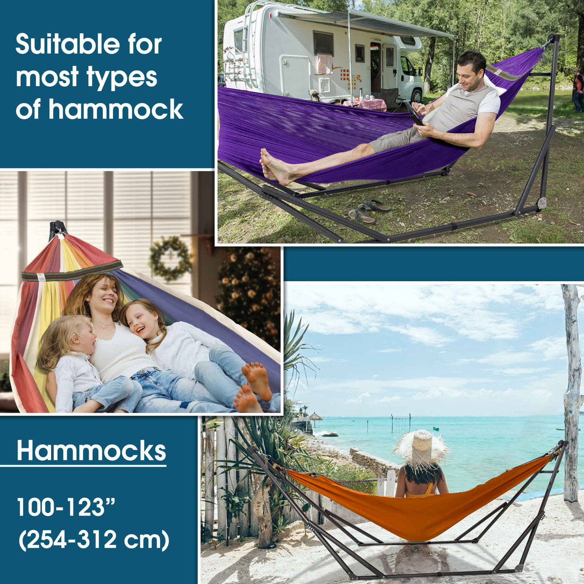 Purple hammock on a stand with person relaxing outdoors beside a camper van