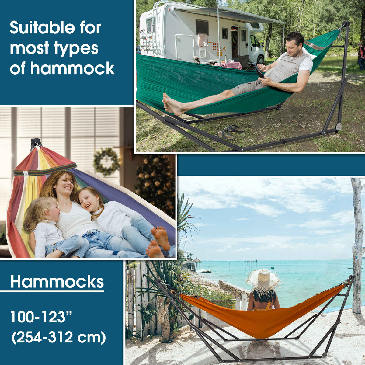Green collapsible hammock with black steel stand, spreader bars, and fabric net.