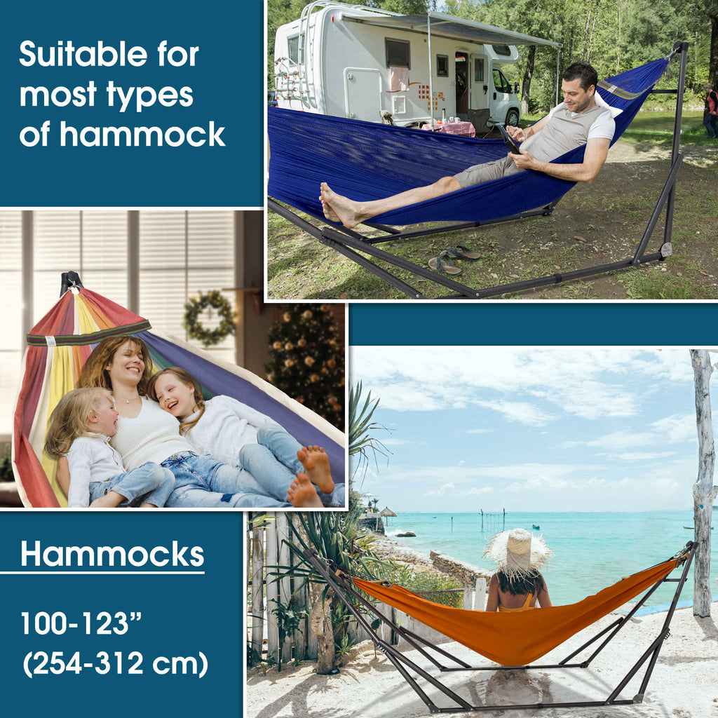 Blue collapsible hammock with stand set up outdoors