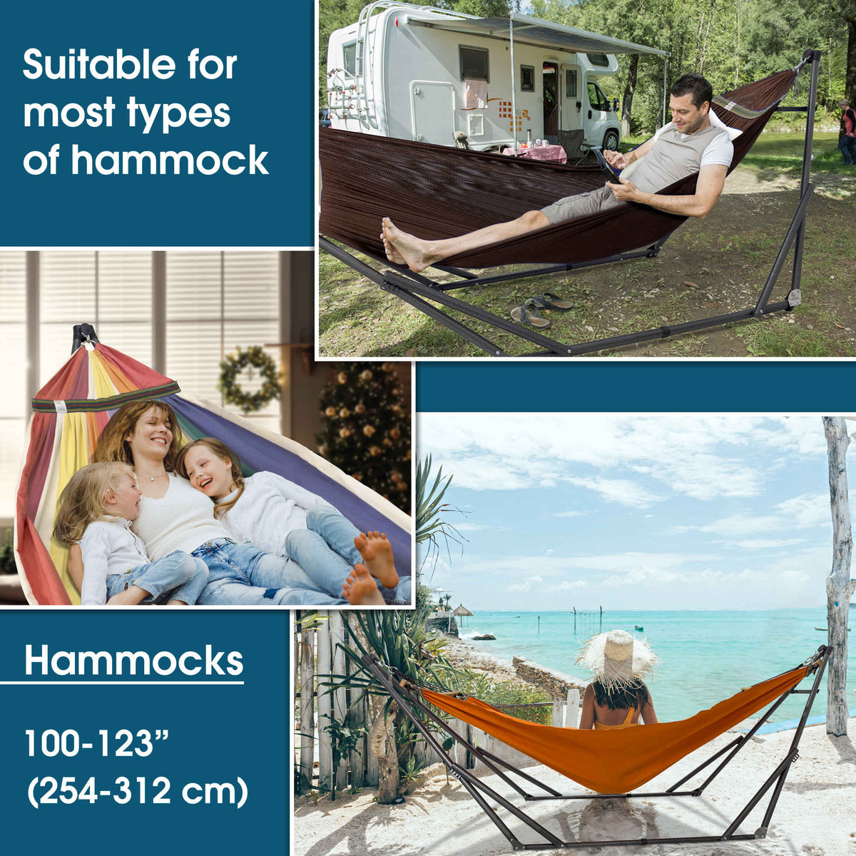Orange collapsible hammock with metal stand, shown in outdoor use.