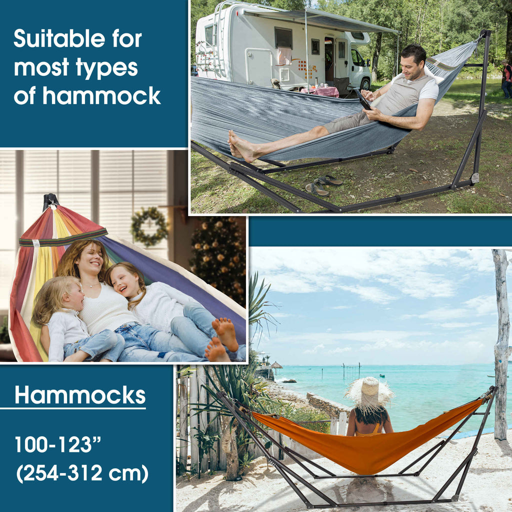 Black collapsible hammock with stand, open suspended fabric bed with multicolor trim