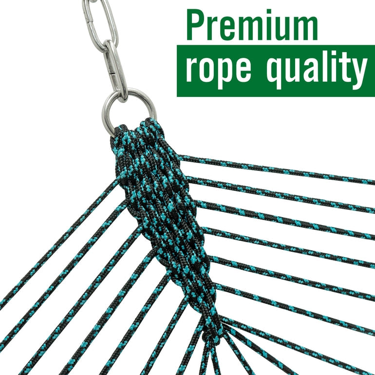 Braided hammock rope and metal ring attachment on black frame, close-up