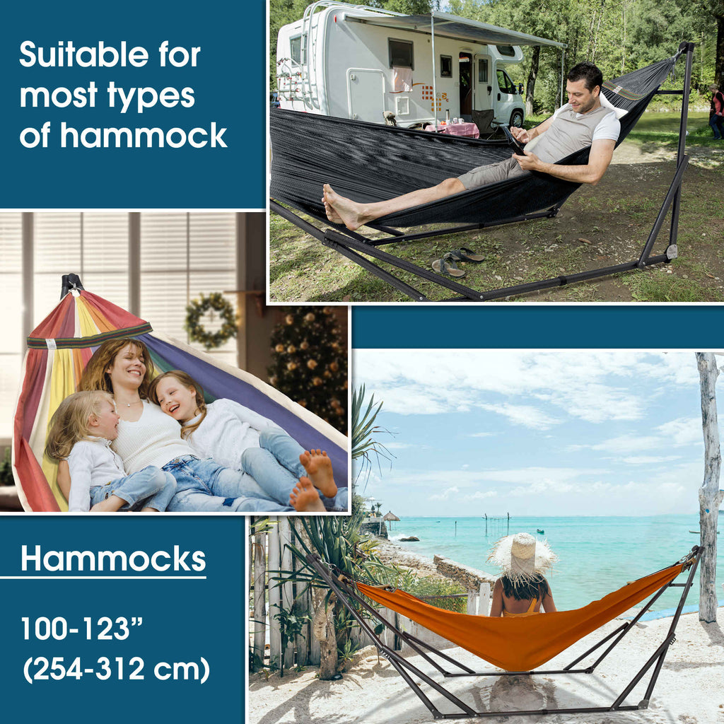 Black collapsible hammock with stand, suspended fabric bed with multicolor trim in use