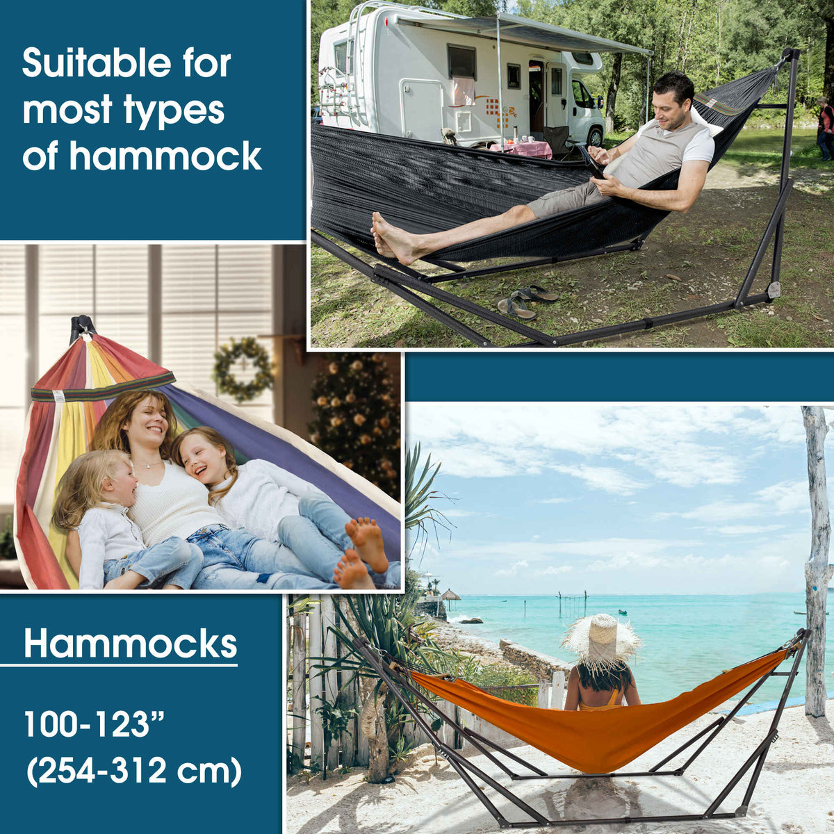 Black collapsible hammock with stand, suspended fabric bed with multicolor trim in use