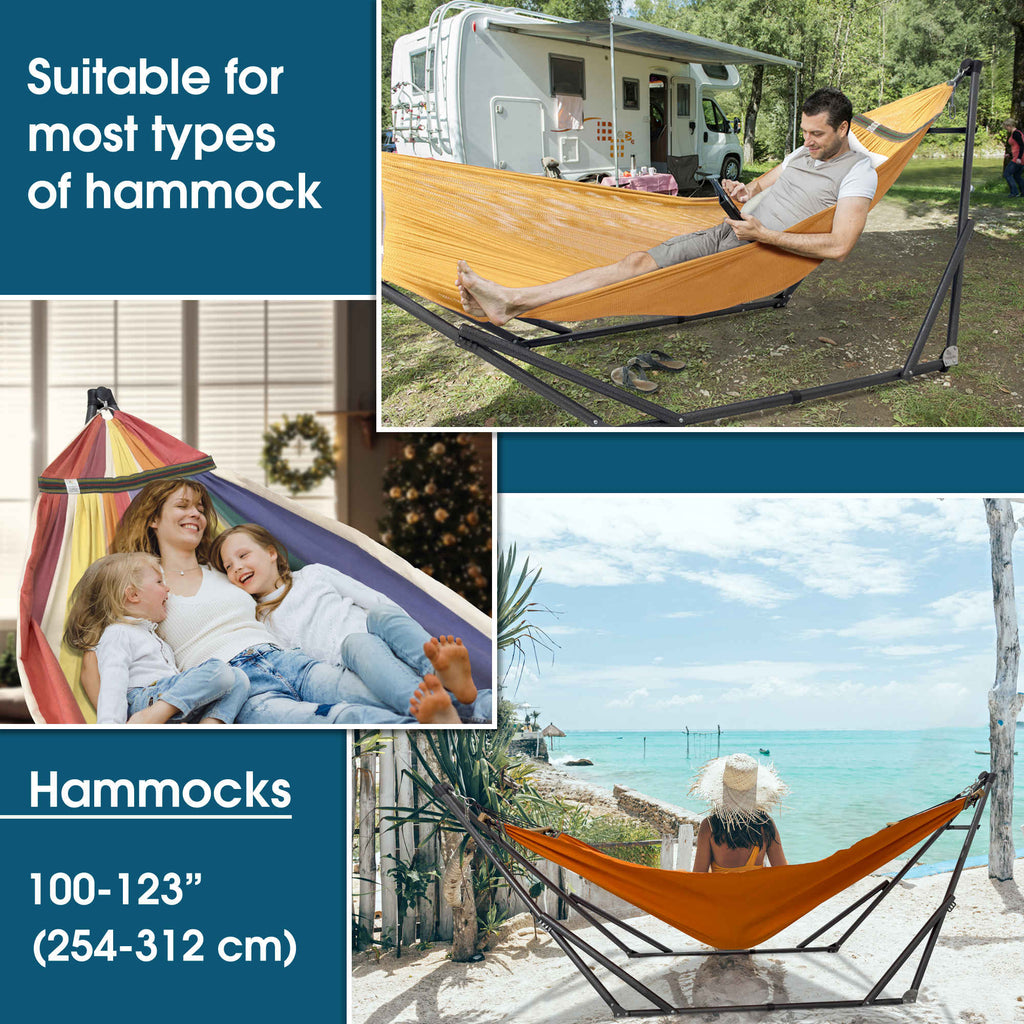 Mustard orange collapsible hammock on a steel stand