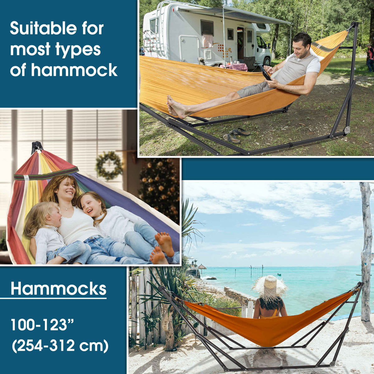 Mustard orange collapsible hammock on a steel stand
