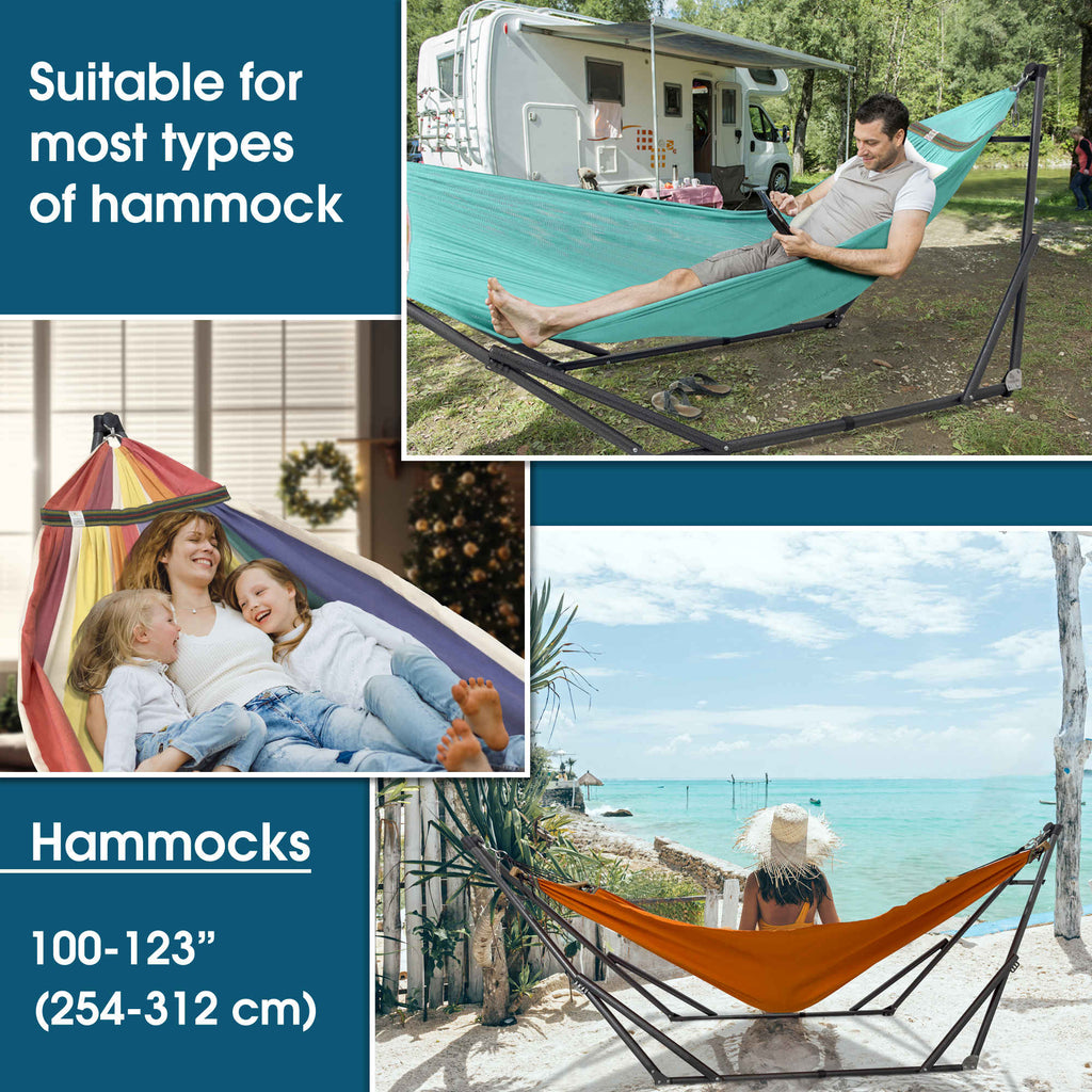 Teal hammock on black stand with adjustable legs for camping and travel