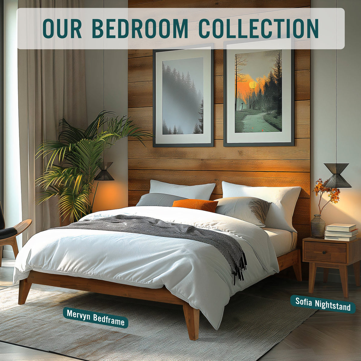 Wood bed frame with white comforter and gray throw, no headboard visible