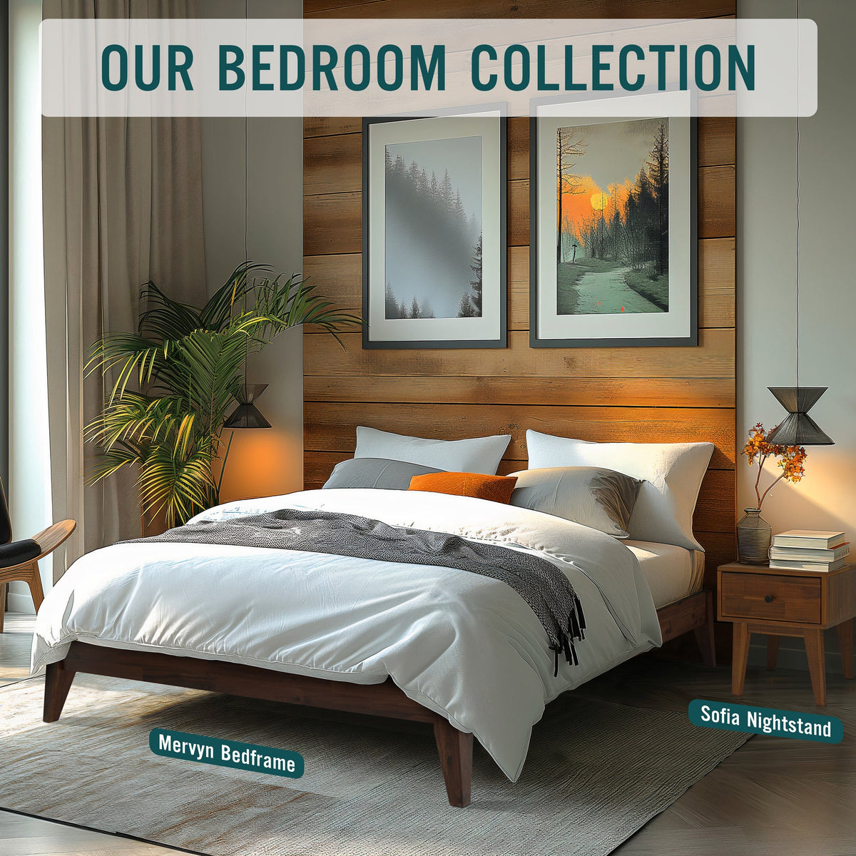 Warm brown wood bed frame with slatted base and four corner legs
