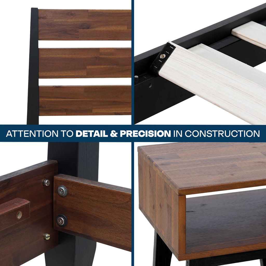 Bed frame construction detail showing joinery hardware and sturdy corner support