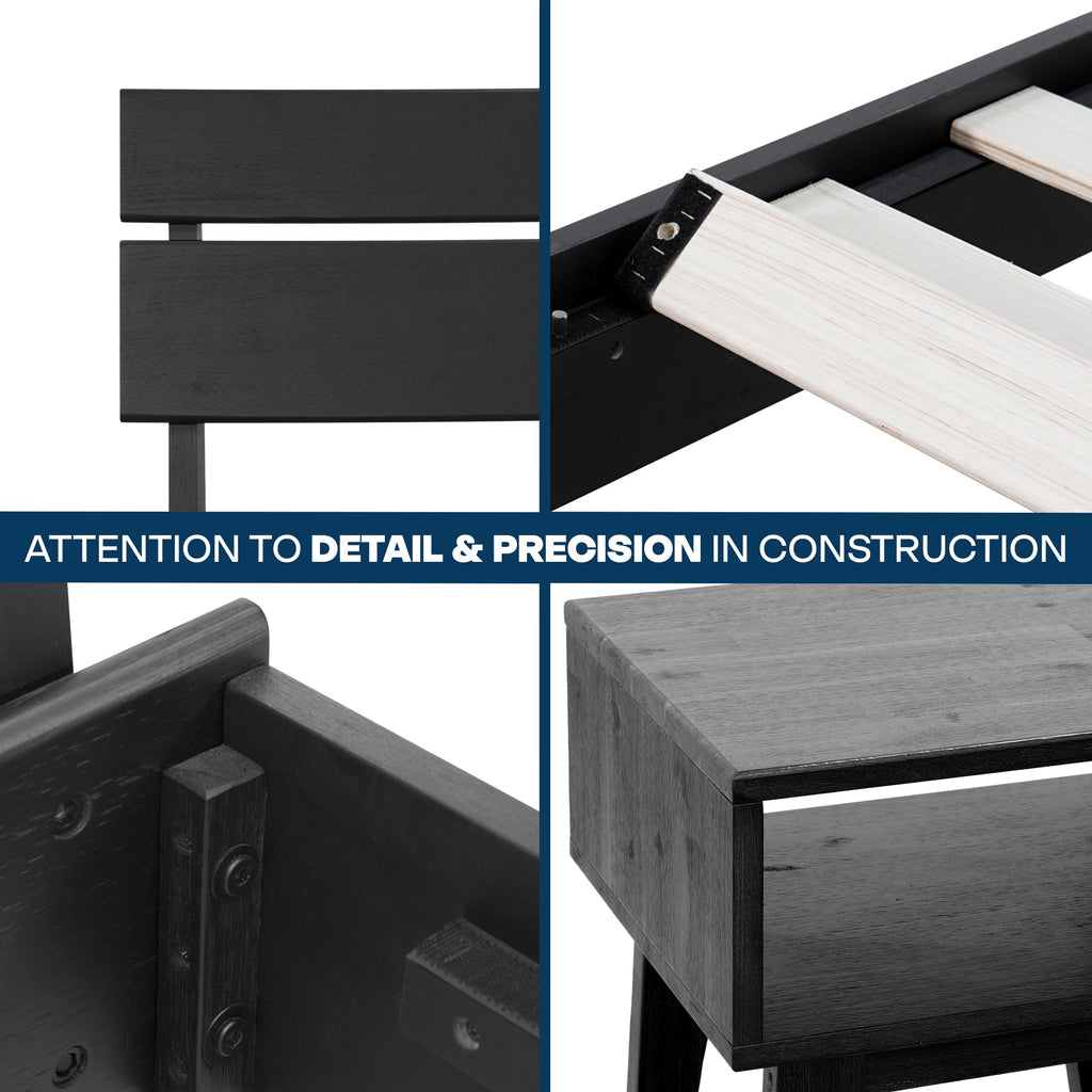 Black solid wood bed frame and nightstand detail showing joinery and hardware