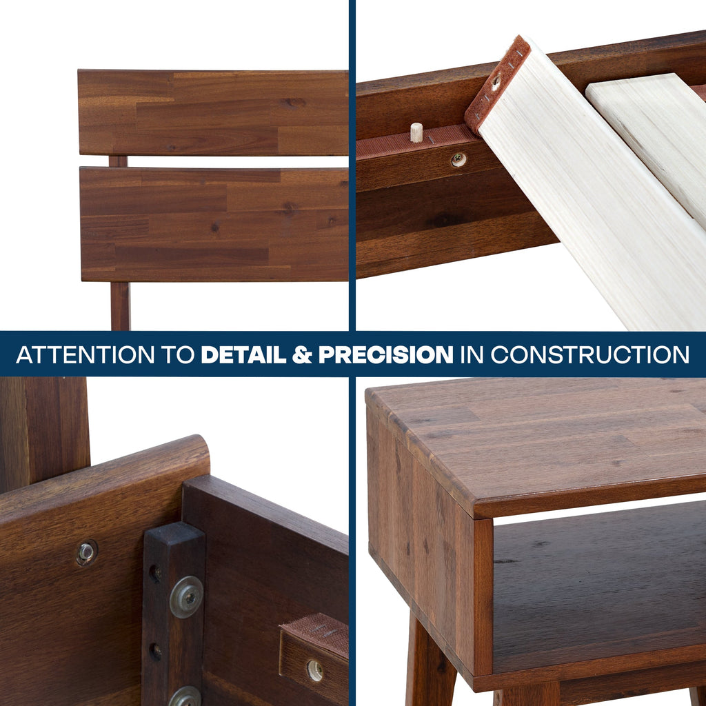 Wood bed frame corner joint and hardware detail on solid acacia wood
