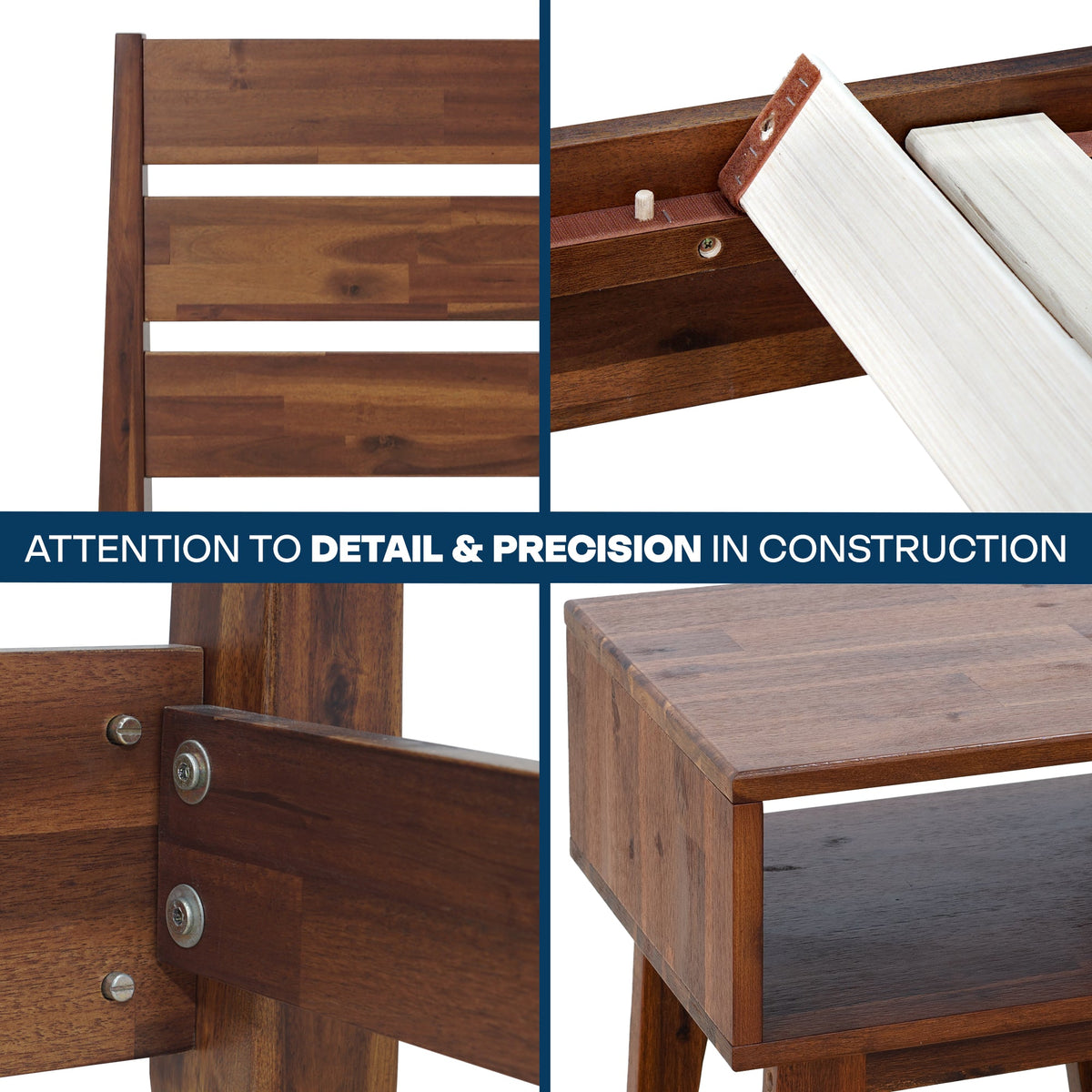 Wood bed frame construction detail showing joinery and hardware on side panel